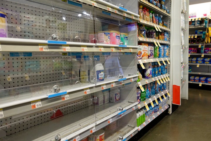 A nearly empty baby formula display shelf is seen at a Walgreens pharmacy on May 9 in New York City.