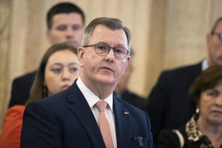 DUP Leader Sir Jeffrey Donaldson speaking in the Great Hall of Parliament Buildings at Stormont. (Photo by Liam McBurney/PA Images via Getty Images)