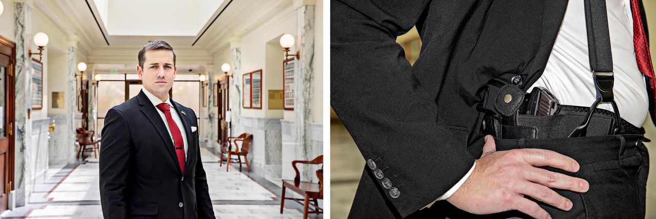LEFT: Idaho state Rep. Greg Chaney at the Idaho State Capitol on the last day of the legislative session on March 31, 2022, in Boise. RIGHT: The gun Chaney carries with him to work every day.