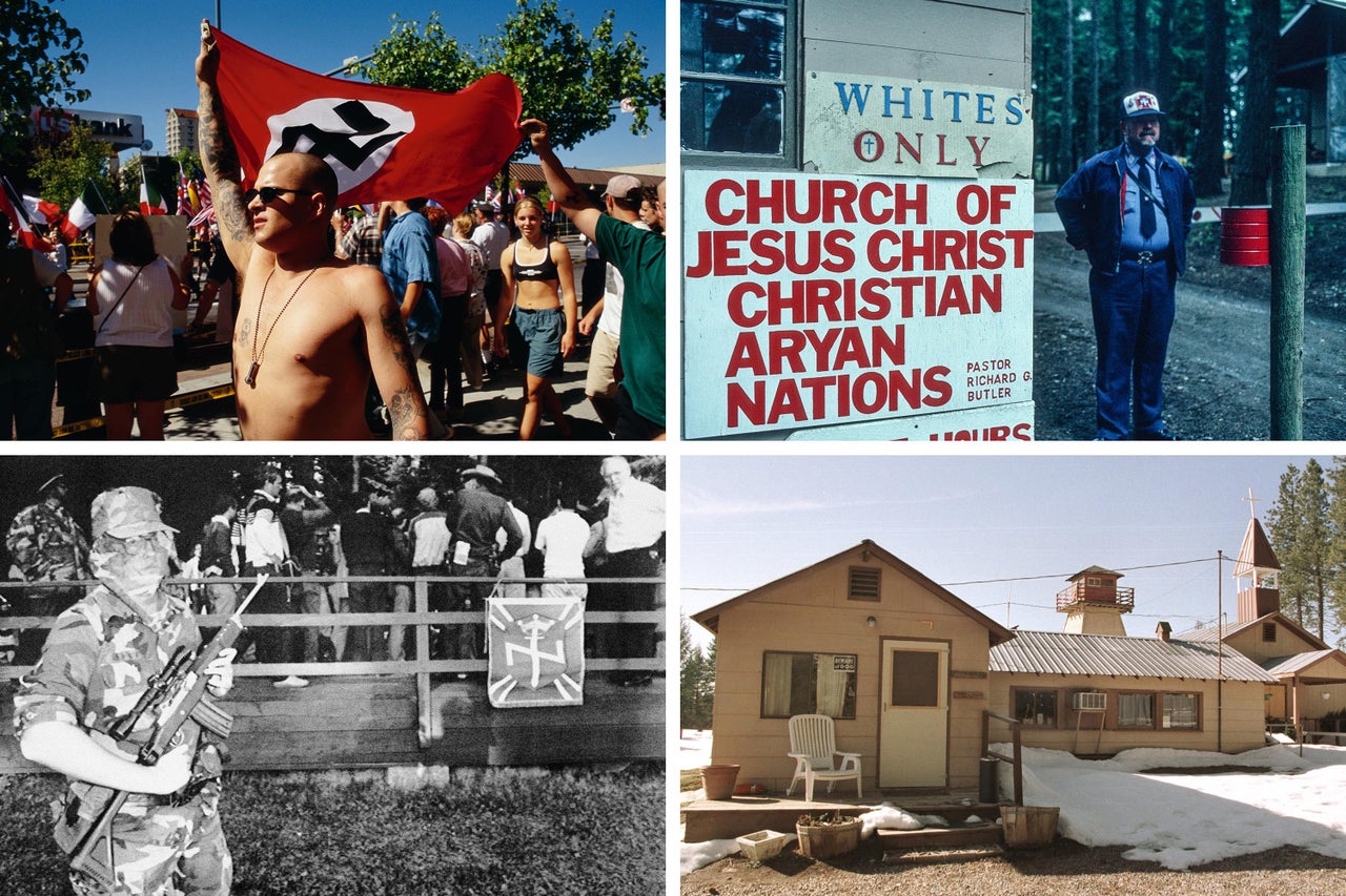 TOP LEFT: Aryan Nations demonstrators march through the streets of Coeur d'Alene, Idaho, with a Nazi flag. TOP RIGHT: Portrait of an unidentified man at the Aryan Nations compound, Hayden Lake, Idaho, April 1992. The sign reads "Whites Only." BOTTOM LEFT: A masked guard armed with a semi-automatic rifle patrols outside a news conference as Aryan Nations convenes in Hayden Lake, Idaho, on July 12, 1986. BOTTOM RIGHT: The former Aryan Nations compound.