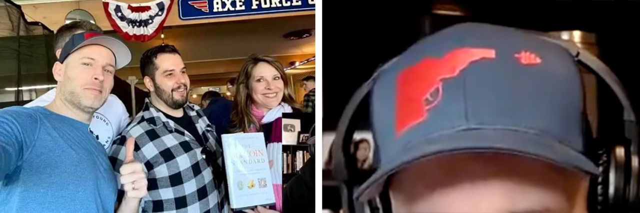 Left, white nationalists Vincent James Foxx and Dave Reilly pose with Idaho Lt. Gov. Janice McGeachin, who is running for governor. On the right, a screenshot from one of Foxx's livestreams shows his hat featuring Idaho tilted like a gun.