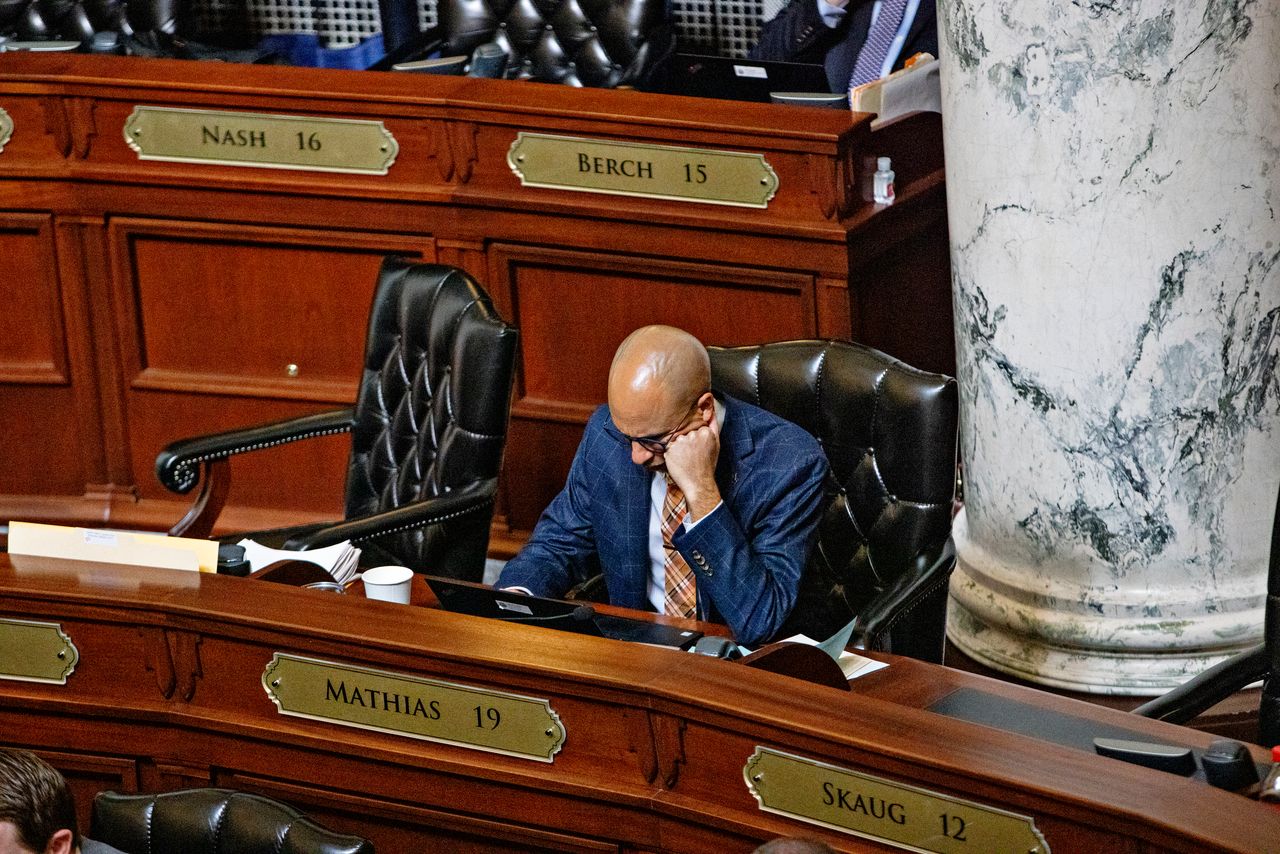 Idaho state Rep. Chris Mathias on the last day of the legislative session on March 31, 2022, in Boise. Mathias is one of 14 Democrats in the state House.