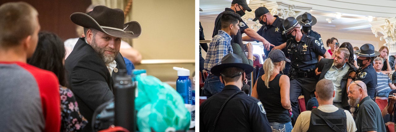 LEFT: Ammon Bundy waits, moments before Idaho State Police came into the Lincoln Auditorium and asked everyone to leave, on Aug. 25, 2020, in Boise. Bundy, who refused to leave, was arrested, along with two others. RIGHT: Bundy is dragged from the Idaho Senate Chambers gallery by Idaho State Troopers.