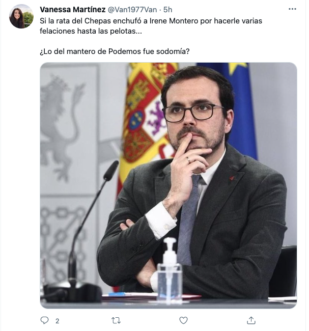 Tuit contra Iglesias, Montero y Garzón de una seguidora del partido de ultraderecha Vox.