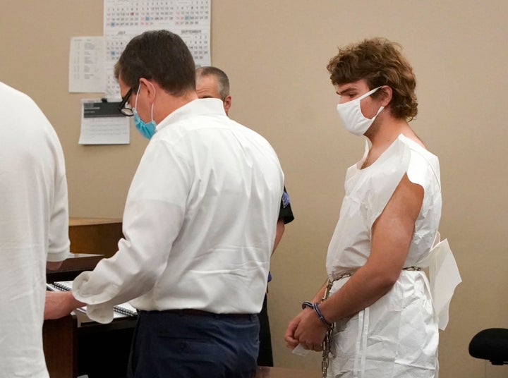 Payton Gendron is seen during his arraignment in Buffalo City Court on Saturday. The 18-year-old was arraigned on first-degree murder charges and ordered detained without bail.