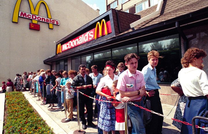 Russians wait in line outside a McDonald's fast food restaurant in Moscow in 1991. Two months after the Berlin Wall fell, another powerful symbol opened its doors in the middle of Moscow: a gleaming new McDonald’s. It was the first American fast-food restaurant to enter the Soviet Union.