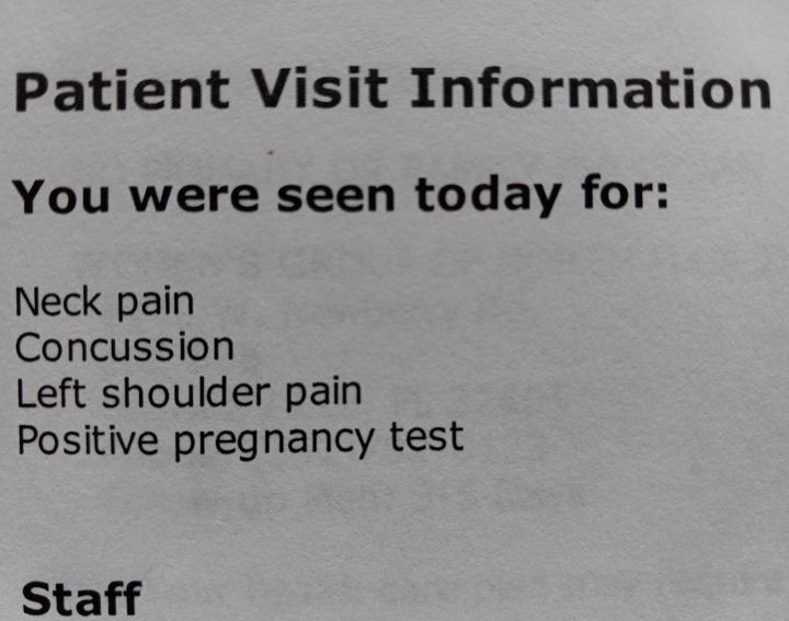 A summary of the author's ER visit that included a positive pregnancy test. She later learned she was not pregnant but instead potentially facing ovarian cancer.