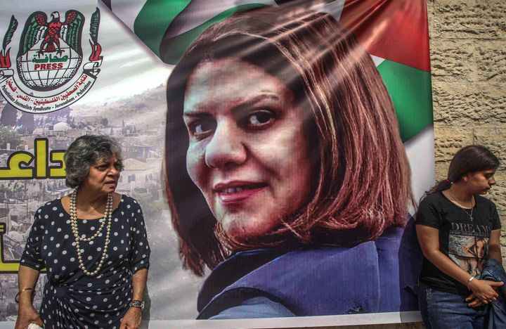 Palestinian journalists participate in a protest following the death of veteran Al Jazeera journalist Shireen Abu Akleh, shot dead by Israeli troops as she covered a raid on the West Bank's Jenin refugee camp outside the St. Porphyrios Church in Gaza City.
