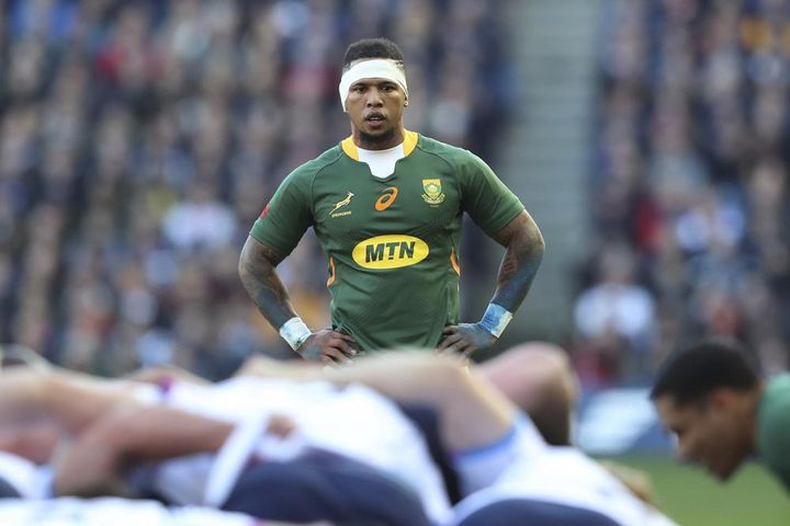 Jantjies watches on players go down in a scrum during the rugby union international match between Scotland and South Africa on Nov. 13, 2021.