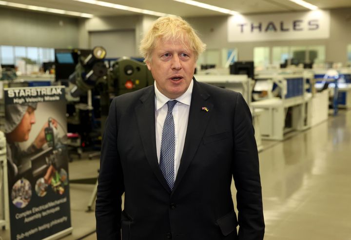 Prime Minister Boris Johnson at Thales weapons manufacturer in Belfast during a visit to Northern Ireland for talks with Stormont parties. 