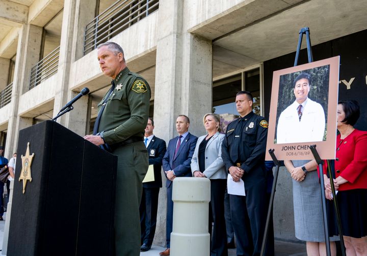 Orange County Sheriff Don Barnes speaks about the shooting at the Geneva Presbyterian Church in Laguna Woods next to a photo of slain Dr. John Cheng, outside the Orange County Sheriffs Department on May 16.