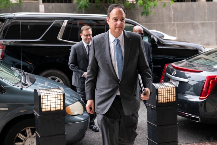 Michael Sussmann, a cybersecurity lawyer who represented the Hillary Clinton presidential campaign in 2016, arrives to the E. Barrett Prettyman Federal Courthouse, Monday, May 16, 2022, in Washington. Sussmann is accused of making a false statement to the FBI during the Trump-Russia probe. (AP Photo/Evan Vucci)