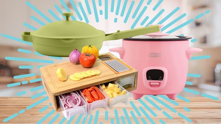 Make your tiny kitchen feel more spacious with this single pan that does the work of seven pieces of cookware, this all-in-one cutting board and a mini two-cup rice cooker.