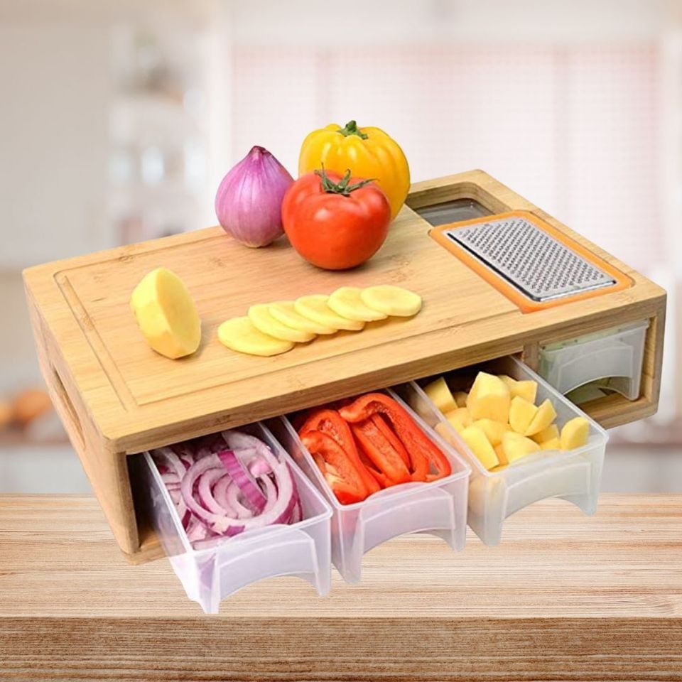 Potted Pans Meal Prep Station Food Chopping Board Set - 4 in 1 Bamboo  Cutting Board with Containers, Lids, and Graters