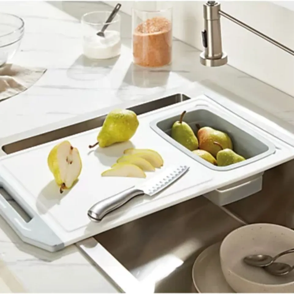 Over the Sink Cutting Board with Collapsible Colander and Extra Long  Extension by Good Cooking