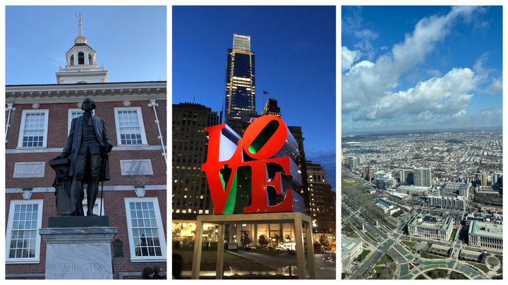 From left to right: George Washington statue in front of Independence Hall, the famous LOVE sculpture and the view from the Four Seasons Hotel Philadelphia.