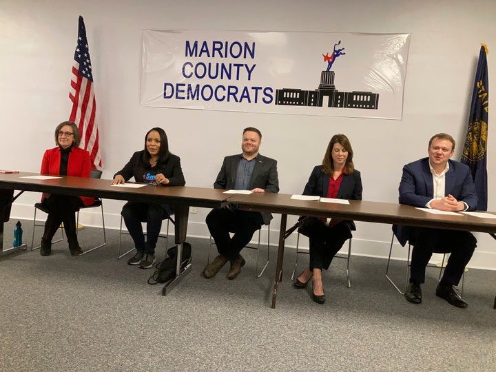 Five Democratic candidates battling for a U.S. House of Representatives seat from Oregon's new 6th congressional district appeared before the press in Salem last month to denounce the House Majority PAC's support for rival Democratic candidate Carrick Flynn. From left: state Rep. Andrea Salinas, former Multnomah County Commissioner Loretta Smith, cryptocurrency entrepreneur Cody Reynolds; physician Kathleen Harder, and Intel development engineer Matt West. 