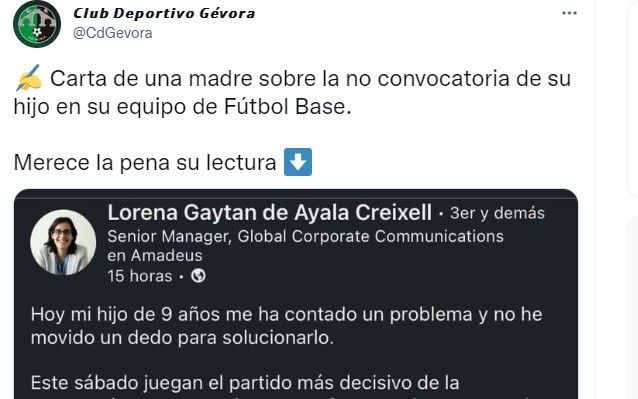 La publicación de Lorena Gaytan de Ayala que ha compartido el CD Gévora.