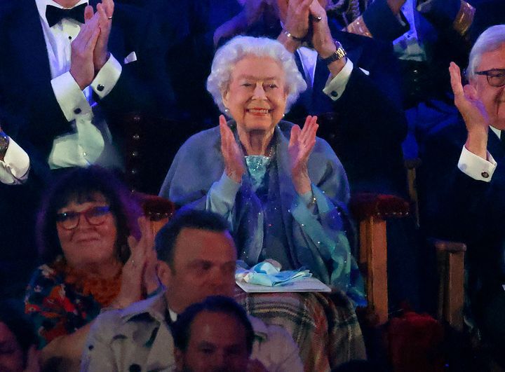 The queen attends the "Gallop Through History" performance, part of the official celebrations for her Platinum Jubilee, during the Royal Windsor Horse Show at Home Park, Windsor Castle on May 15.