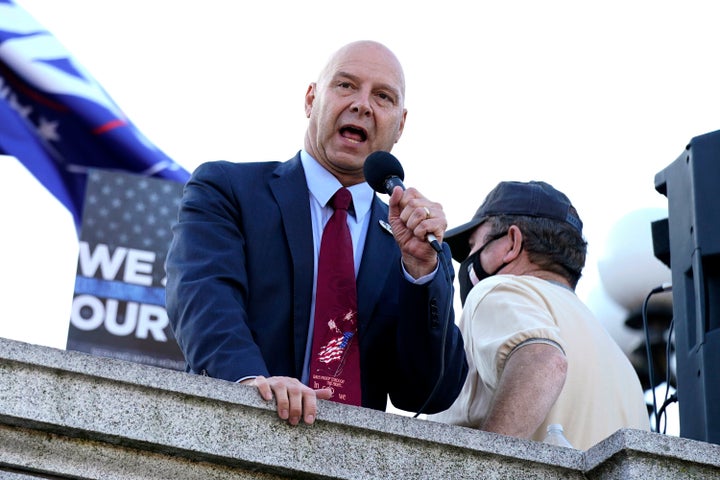 Pennsylvania state Sen. Doug Mastriano speaks to Donald Trump supporters outside the Pennsylvania State Capitol after Democrat Joe Biden defeated Trump to become 46th president of the United States. 