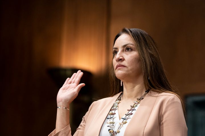 Sunshine Suzanne Sykes is sworn in during her Senate Judiciary Committee confirmation hearing on Feb. 1, 2022. She is now just the fifth-ever Native American woman to serve as a lifetime federal judge.