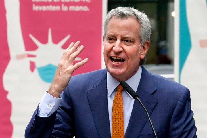 FILE - Then-New York Mayor Bill de Blasio delivers remarks in Times Square on April 12, 2021, in New York. The former New York City mayor says he's considering a run for Congress after a legal battle over the state's political maps opened up a seat in Brooklyn. (AP Photo/Richard Drew, File)