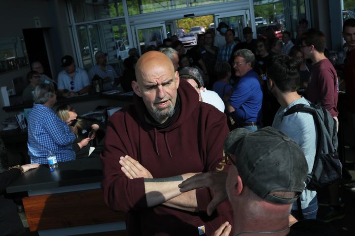Pennsylvania Lt. Gov. John Fetterman campaigns for U.S. Senate at a meet-and-greet at Joseph A. Hardy Connellsville Airport on May 10 in Lemont Furnace, Pennsylvania.