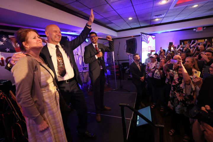 Republican gubernatorial candidate Doug Mastriano waves to supporters as he takes the stage to give a victory speech at his election-night party at The Orchards on May 17 in Chambersburg, Pennsylvania.