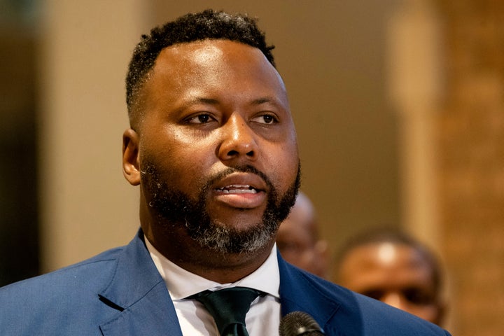 Chicago mayoral candidate Kam Buckner speaks at a press conference in the Gold Coast neighborhood of Chicago on May 13, 2022. Gov. JB Pritzker signed Buckner's bill banning untraceable "ghost guns" on May 18, 2022.