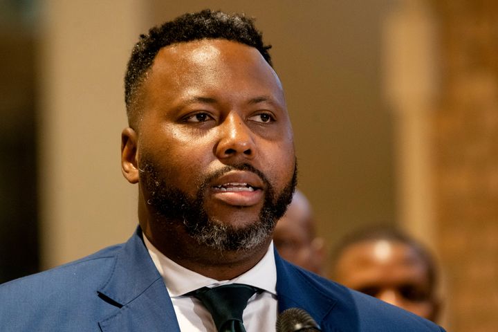 Chicago mayoral candidate Kam Buckner speaks at a press conference in the Gold Coast neighborhood of Chicago on May 13, 2022. Gov. JB Pritzker signed Buckner's bill banning untraceable "ghost guns" on May 18, 2022.