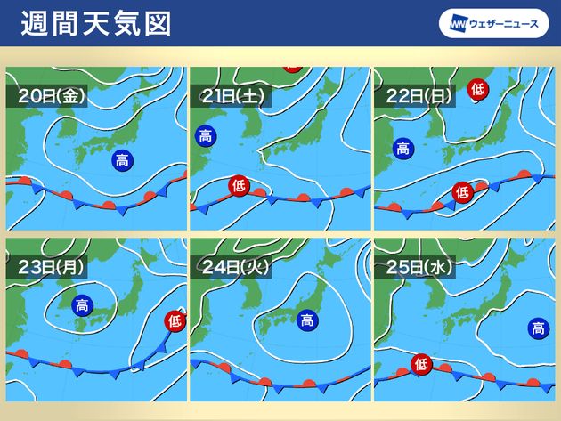 週間予想天気図　20日(金)～25日(水)