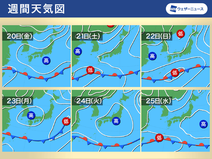 週間予想天気図 20日(金)～25日(水)