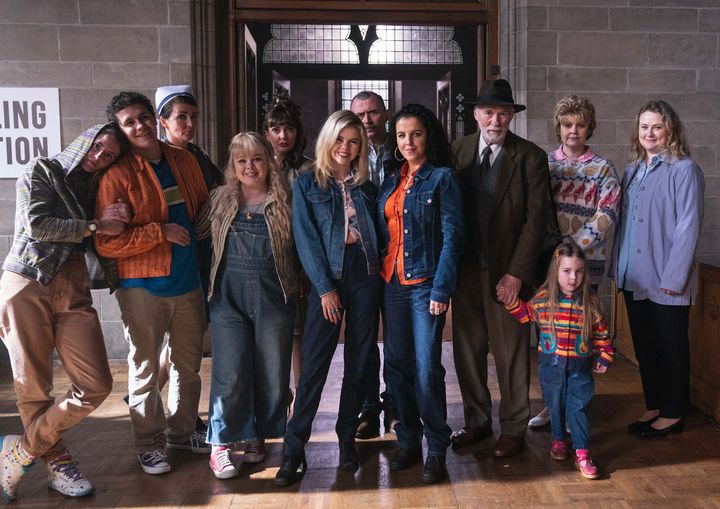 The cast of Derry Girls pictured on the set of the final episode