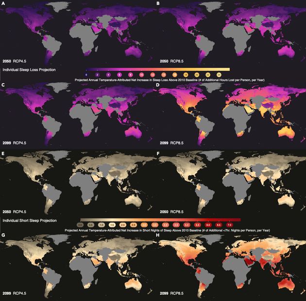 World maps projecting the annual net loss of sleep per person attributed to...