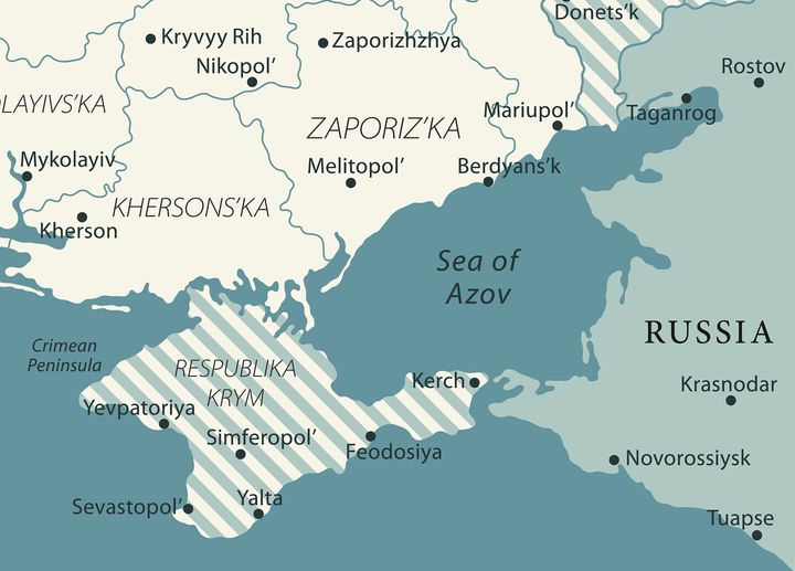 ウクライナ南東部の地図。右上のロシアとの国境近くの沿岸部にあるのがマリウポリ