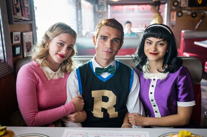 Lili Reinhart as Betty Cooper, KJ Apa as Archie Andrews, and Camila Mendes as Veronica Lodge in "Riverdale."