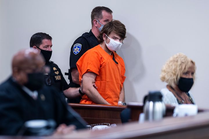 BUFFALO, NY - MAY 19: Peyton Gendron is escorted for a hearing in Erie County Court on Thursday May 19, 2022 in Buffalo, NY.  Gendron faces charges in the fatal May 14 shooting that left 10 people dead at a grocery store in a historically black neighborhood of Buffalo.  (Kent Nishimura/Los Angeles Times via Getty Images)