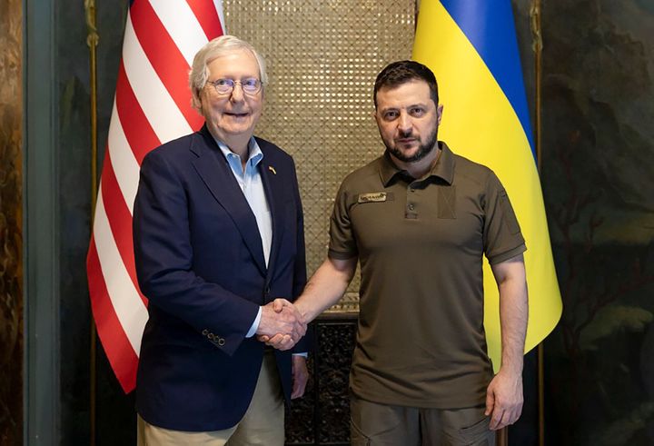 In this handout photo provided by the Ukrainian Presidential Press Office, Ukrainian President Volodymyr Zelenskyy and Senate Minority Leader Mitch McConnell, R-Ky., pose for a photo in Kyiv, Ukraine, Saturday, May 14, 2022. (Ukrainian Presidential Press Office via AP)
