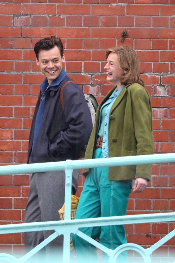 Harry Styles and Emma Corrin during filming of My Policeman