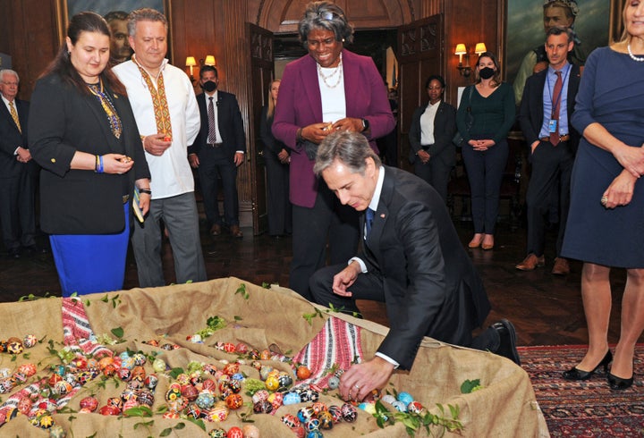 Secretary of State Antony Blinken tours the Ukrainian Institute of America on the Upper Eastside in Manhattan on May 19, 2022, in New York. He is joined by U.S. United Nations Ambassador Linda Thomas-Greenfield, maroon third from left, Ukrainian permanent representative Sergiy Kyslytsya, second from left, Ukrainian Ambassador Oksana Markarova, left, and Kathy Nalywajko, far right.