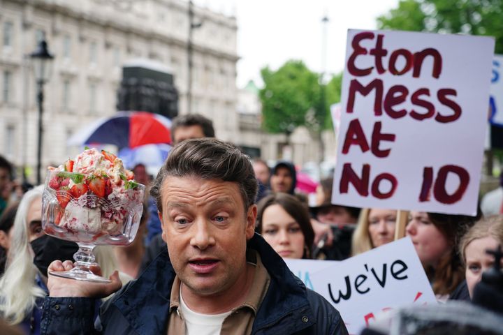 Jamie Oliver takes part in the What An Eton Mess demonstration outside Downing Street, London, calling for Boris Johnson to reconsider his U-turn on the Government's anti-obesity strategy. 