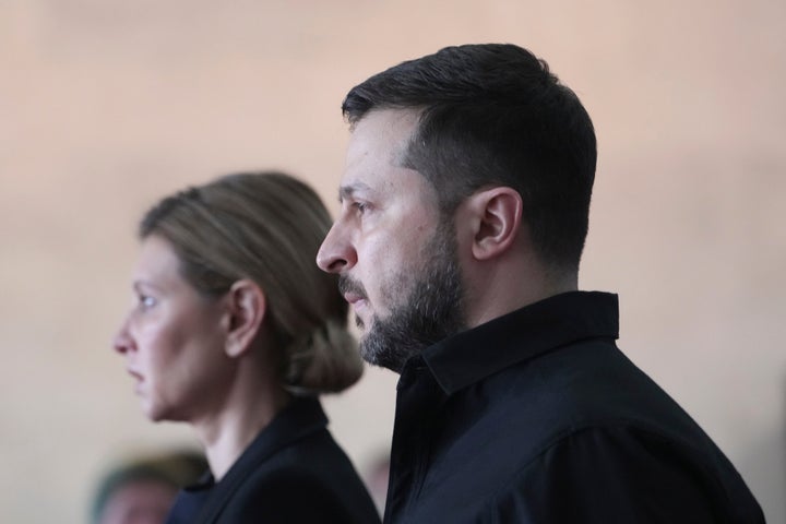 President of Ukraine Volodymyr Zelenskyy and his wife Olena Zelenska attend the funeral of Leonid Kravchuk, independent Ukraine's first president, at the International Convention Center Ukrainian House, in Kyiv, Ukraine, on May 17, 2022.