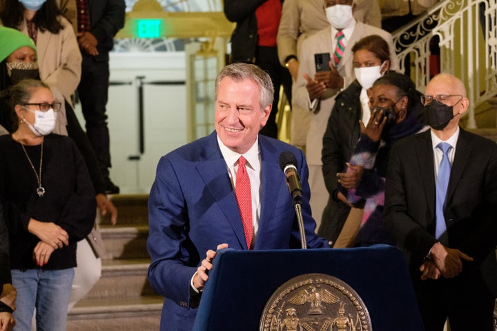 Bill de Blasio gives an address as he leaves City Hall for the last time as mayor on Dec. 30, 2021.