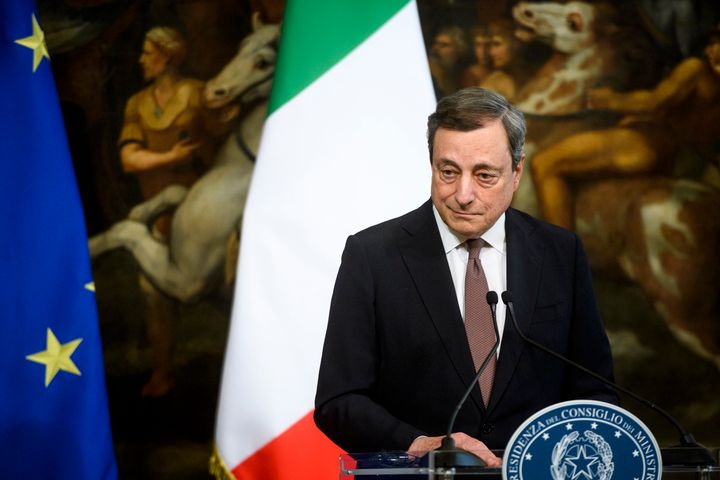 Italian Prime Minister hold a joint press conference with Finnish Prime Minister Sanna Marin after their meeting at Palazzo Chigi on May 18, 2022 in Rome, Italy. 