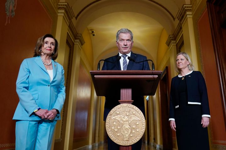Finnish President Sauli Niinisto speaks as Speaker of the House Nancy Pelosi, D-Calif., and Swedish Prime Minister Magdalena Andersson look on, before a meeting at the Capitol in Washington, on May 19, 2022. 