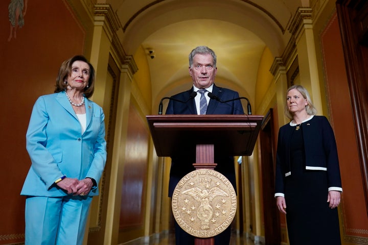 Finnish President Sauli Niinisto speaks as Speaker of the House Nancy Pelosi, D-Calif., and Swedish Prime Minister Magdalena Andersson look on, before a meeting at the Capitol in Washington, on May 19, 2022.