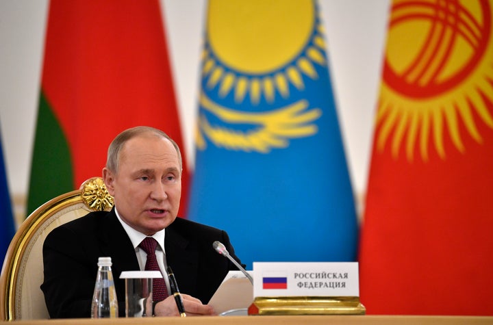 Russian President Vladimir Putin addresses a meeting of the leaders of the Collective Security Treaty Organization (CSTO) at the Kremlin in Moscow, Russia, on May 16, 2022. 