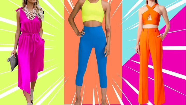 Curate an uplifting summer wardrobe with this fuchsia wide-legged jumpsuit, electric yellow yoga bra and a pair of neon-orange flared pants.