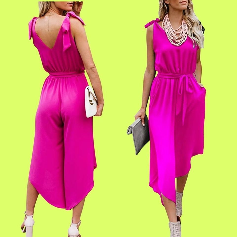 A fuchsia pink wide-leg jumpsuit with bow details