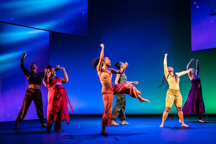 Left to right: Tendayi Kuumba, Kenita Miller, Amara Granderson, Okwui Okpokwasil, D. Woods and Alexandria Wailes in "For Colored Girls Who Have Considered Suicide / When the Rainbow Is Enuf."